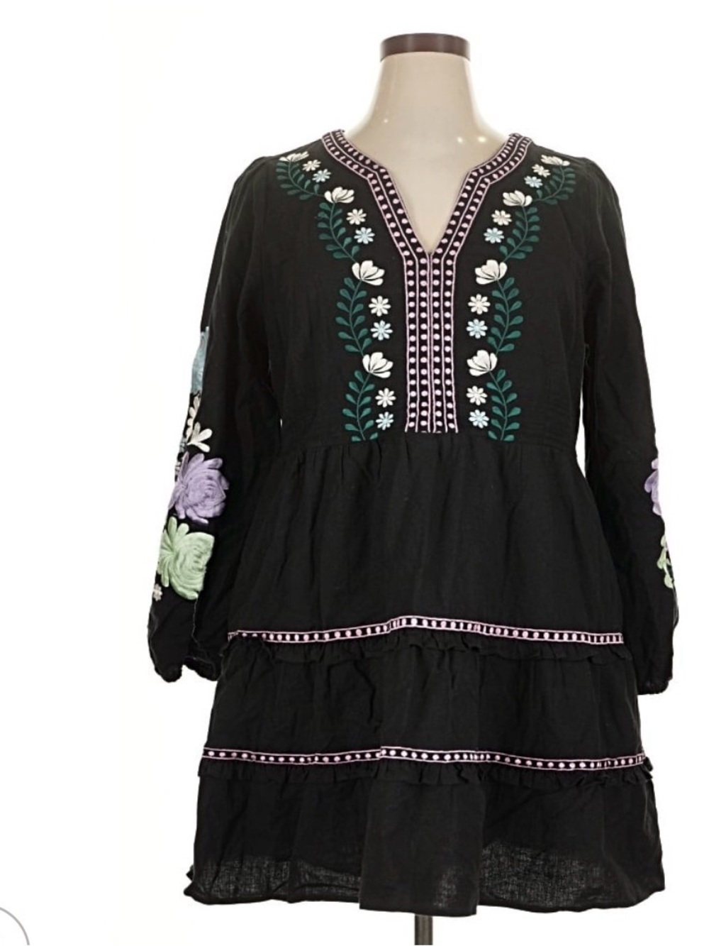 Roller Rabbit Black Embroidered Peasant Dress with Floral Accents